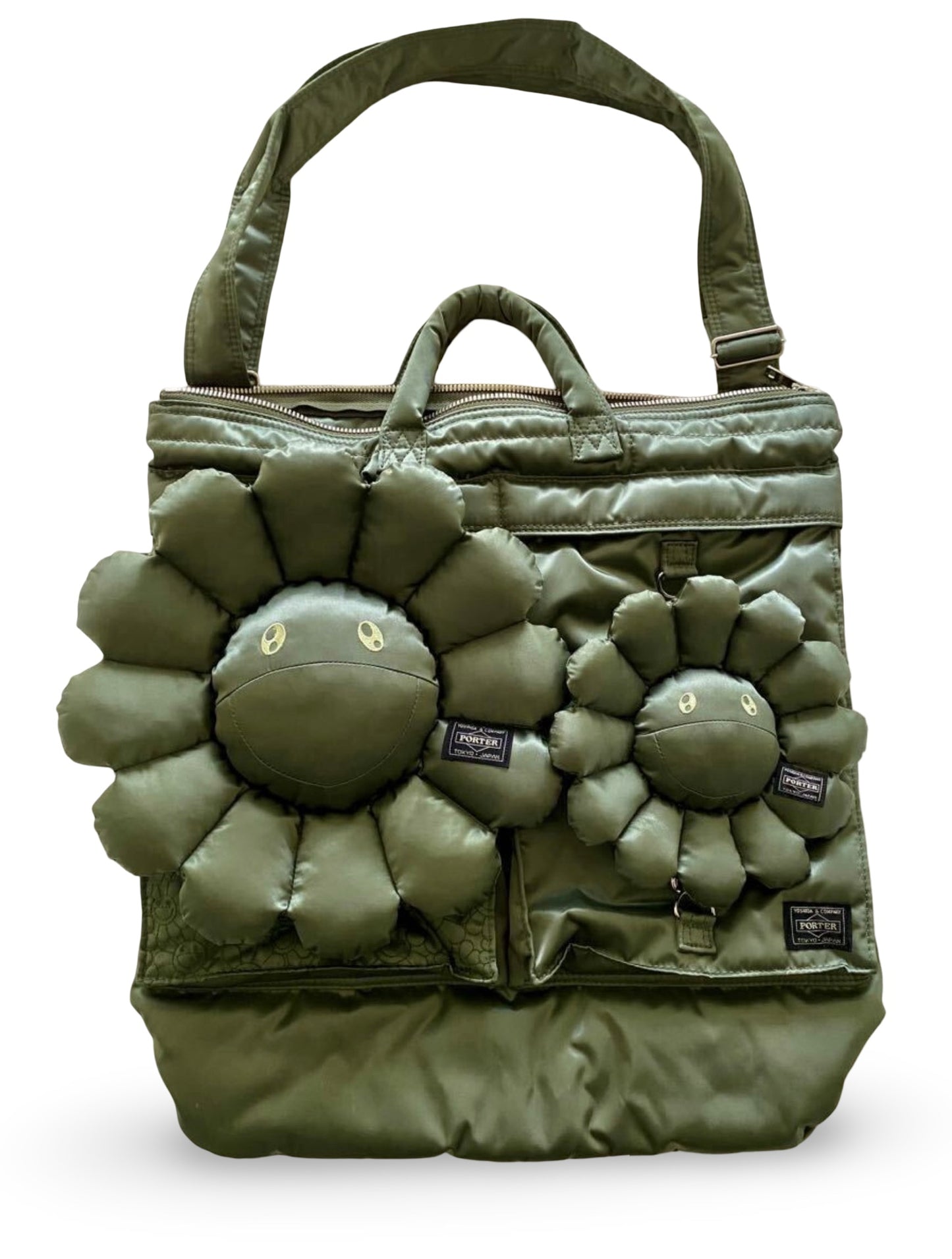 Porter × Takashi Murakami 2WAY Helmet Bag Khaki Double Flower Limited Yoshida Company TM Collaboration Shoulder Tote