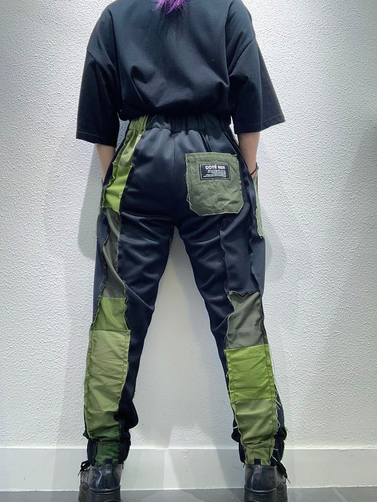 Bespoke Hypebeast Japanese Vintage Handmade Custom One and Only One Cote Mer Military Camo Khaki Fatigue Upcycle Sustainable Upscale Street Fashion Embroidered Embroidery Patch Work Boro Remake Pants Jeans Bottoms ( Size : L - XL )