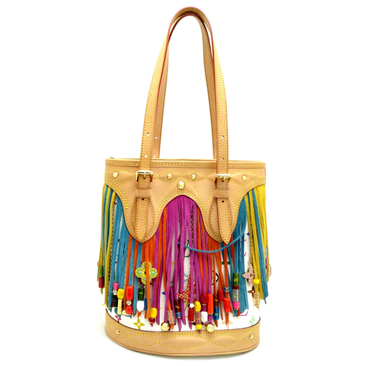 Louis Vuitton 2006 Limited Edition Bucket Fringe M40109 White Multicolor Tote + Pouch Set | Rare Monogram Vernis Fringe Bag