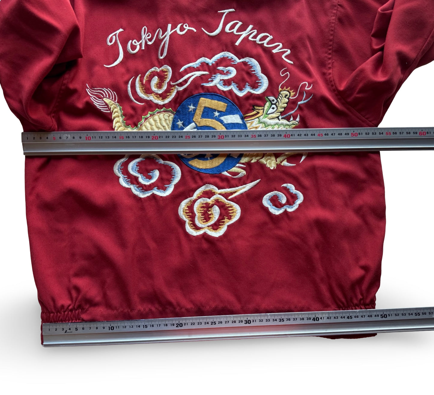 Vintage Tailor Toyo Dragon Souvenir Jacket — Tokyo Japan Embroidery • 5th Air Force Patch • Scarlet Red Sukajan (One-Side Only)