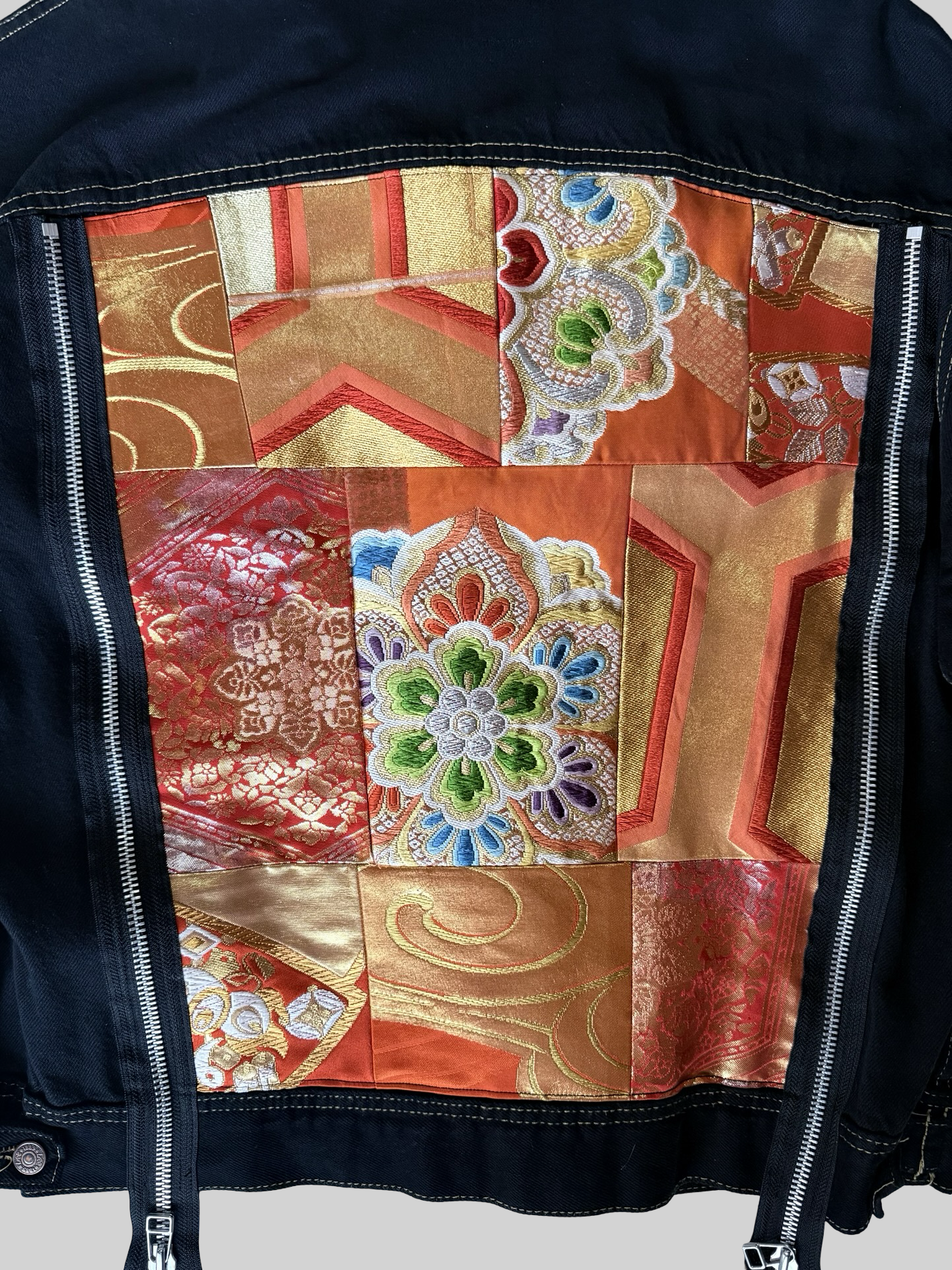 COTE MER Kimono Obi Remake Denim Jacket Silk Brocade Patchwork Japanese Upcycled Designer Jacket L XL