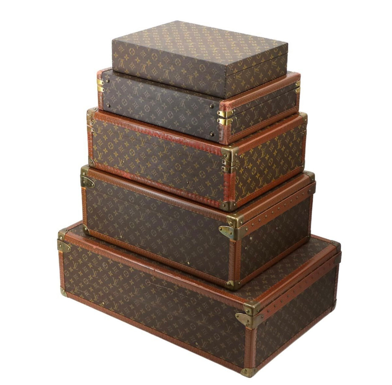 Louis Vuitton Vintage Monogram Trunk Tower Set of 5 – Brass Hardware, Collectible LV Travel Cases, Interior Décor Stack
