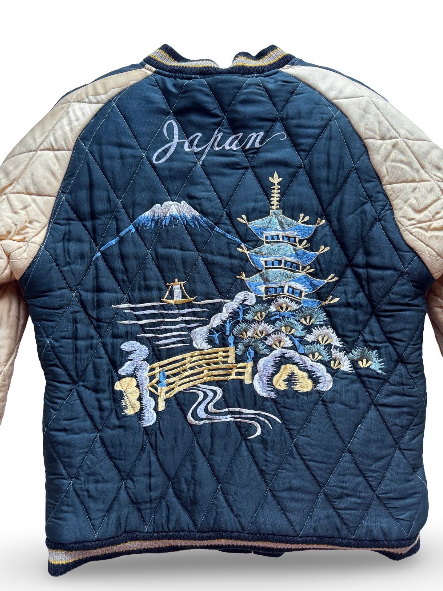 Vintage BEAMS Reversible Sukajan Jacket — Dragon & Skull Embroidery / Pagoda & Mt. Fuji Quilted Souvenir Jacket (Japan)