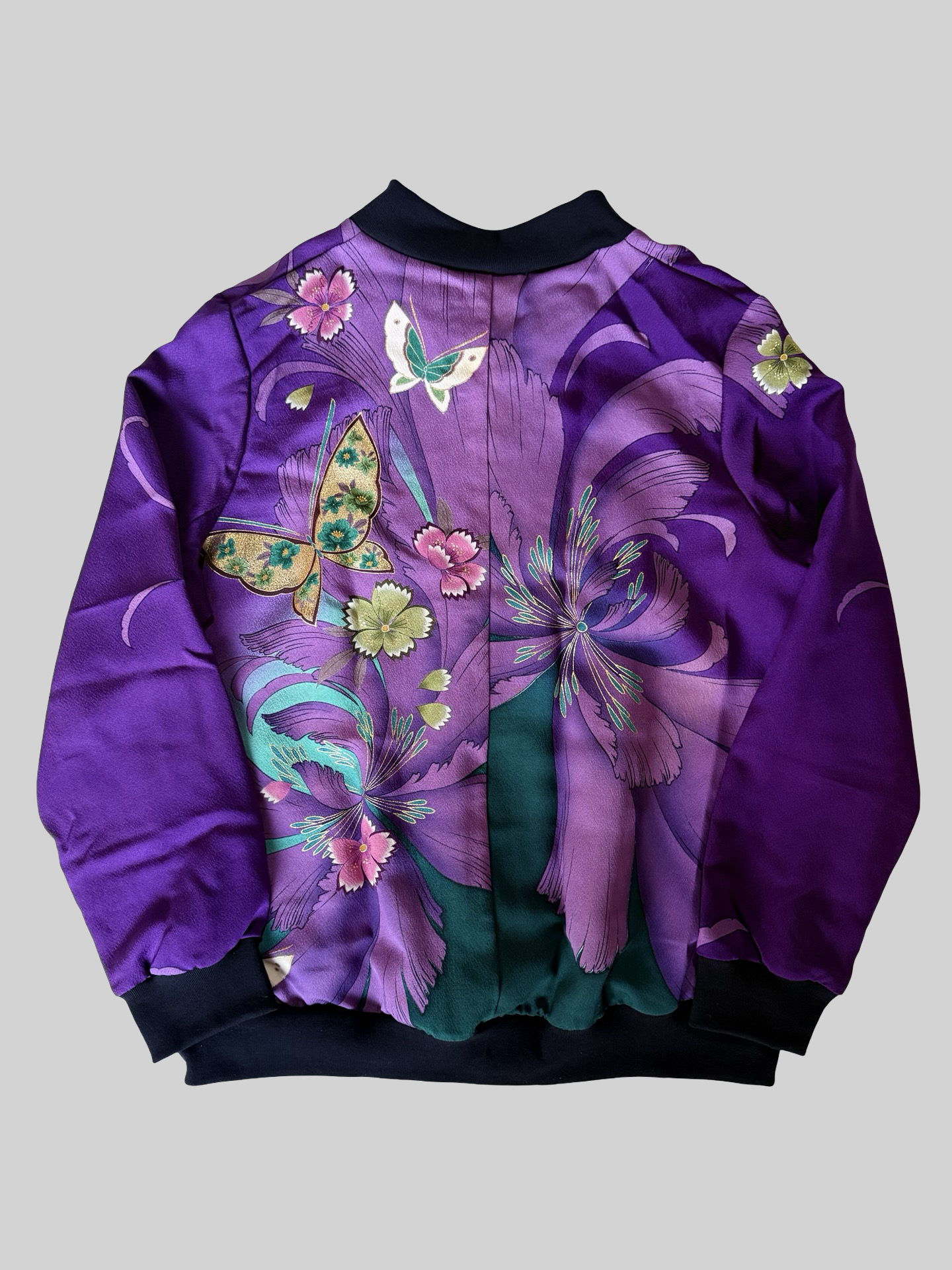 Kimono Remake Silk Bomber Jacket Purple Floral Butterfly Sukajan Japanese Upcycled Textile Art Piece