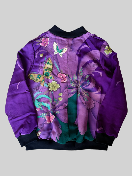 Kimono Remake Silk Bomber Jacket Purple Floral Butterfly Sukajan Japanese Upcycled Textile Art Piece