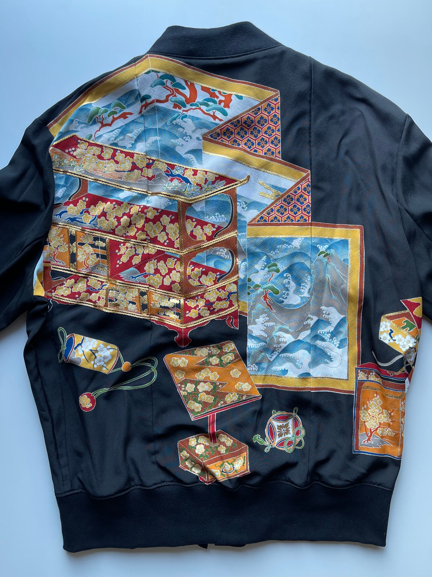 Vintage Japanese Kimono Remake Bomber Jacket | Black Wagara Floral Jacket | Handmade Upcycled Obi Textile | One-of-a-Kind Japanese Artwear