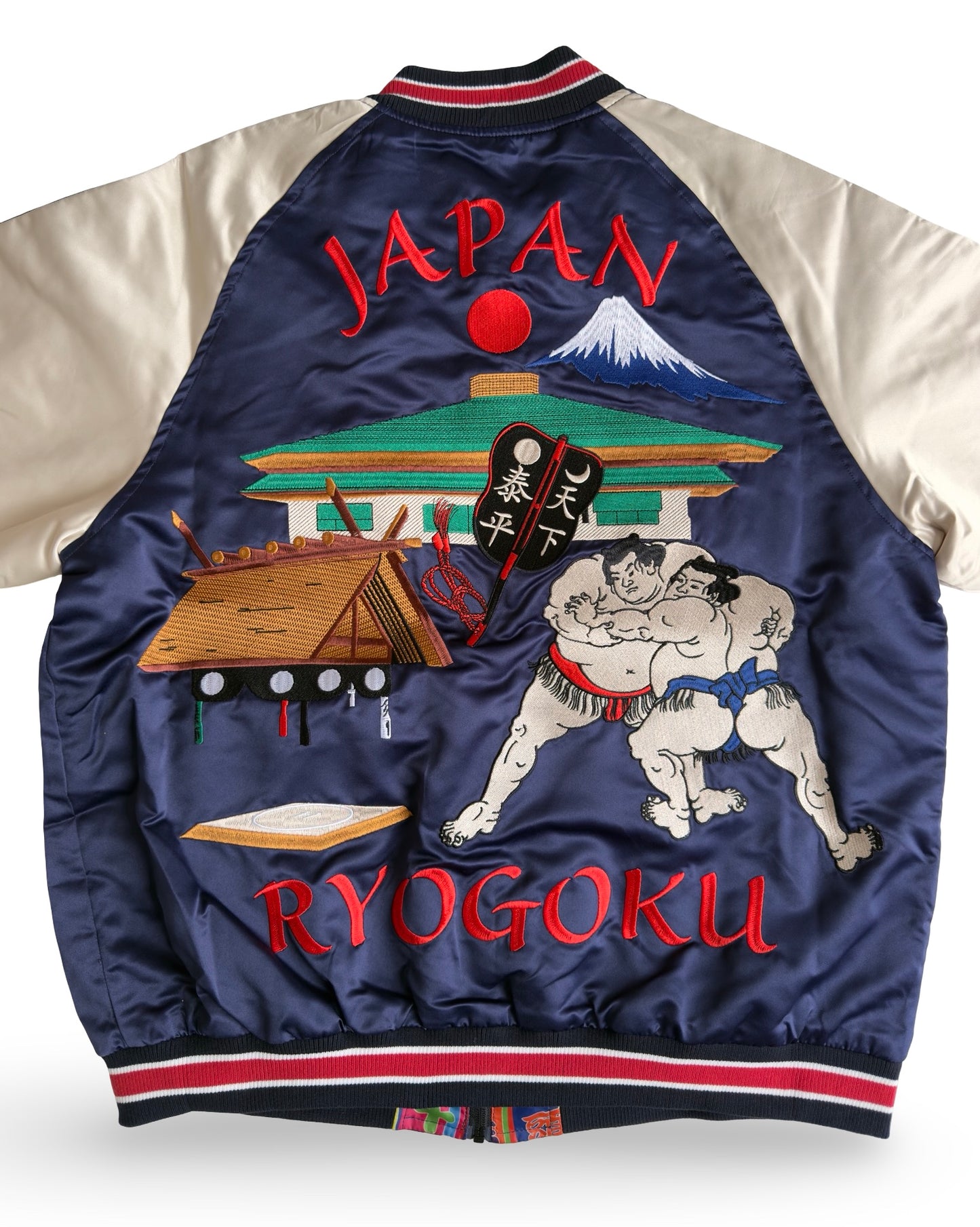 Dope Reversible Ryogoku Sumo Sukajan Jacket – Mt. Fuji Embroidery, Neon Banner Side, Premium Japanese Souvenir Art