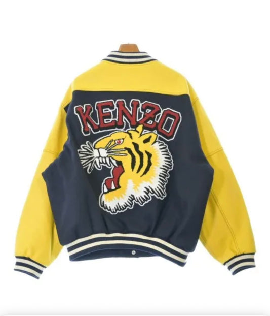 KENZO Paris Vintage Varsity Jacket – Tiger Back Embroidery – Navy & Yellow