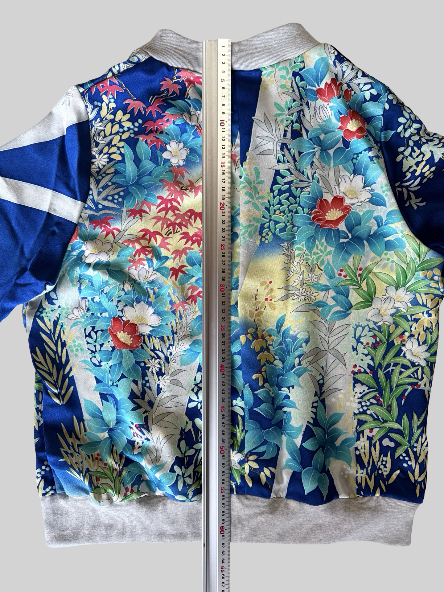 Vintage Kimono Remake Bomber Jacket Blue Floral Camellia Silk Upcycled Japanese Wearable Art Jacket Unisex Free Size S M