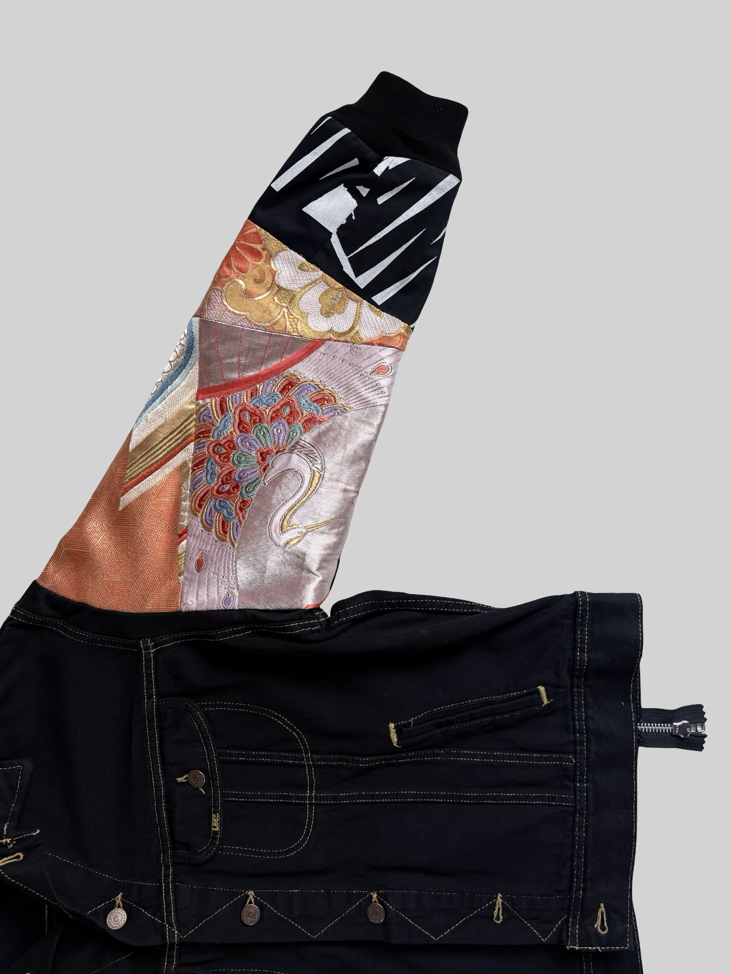 COTE MER Kimono Obi Remake Denim Jacket Silk Brocade Patchwork Japanese Upcycled Designer Jacket L XL