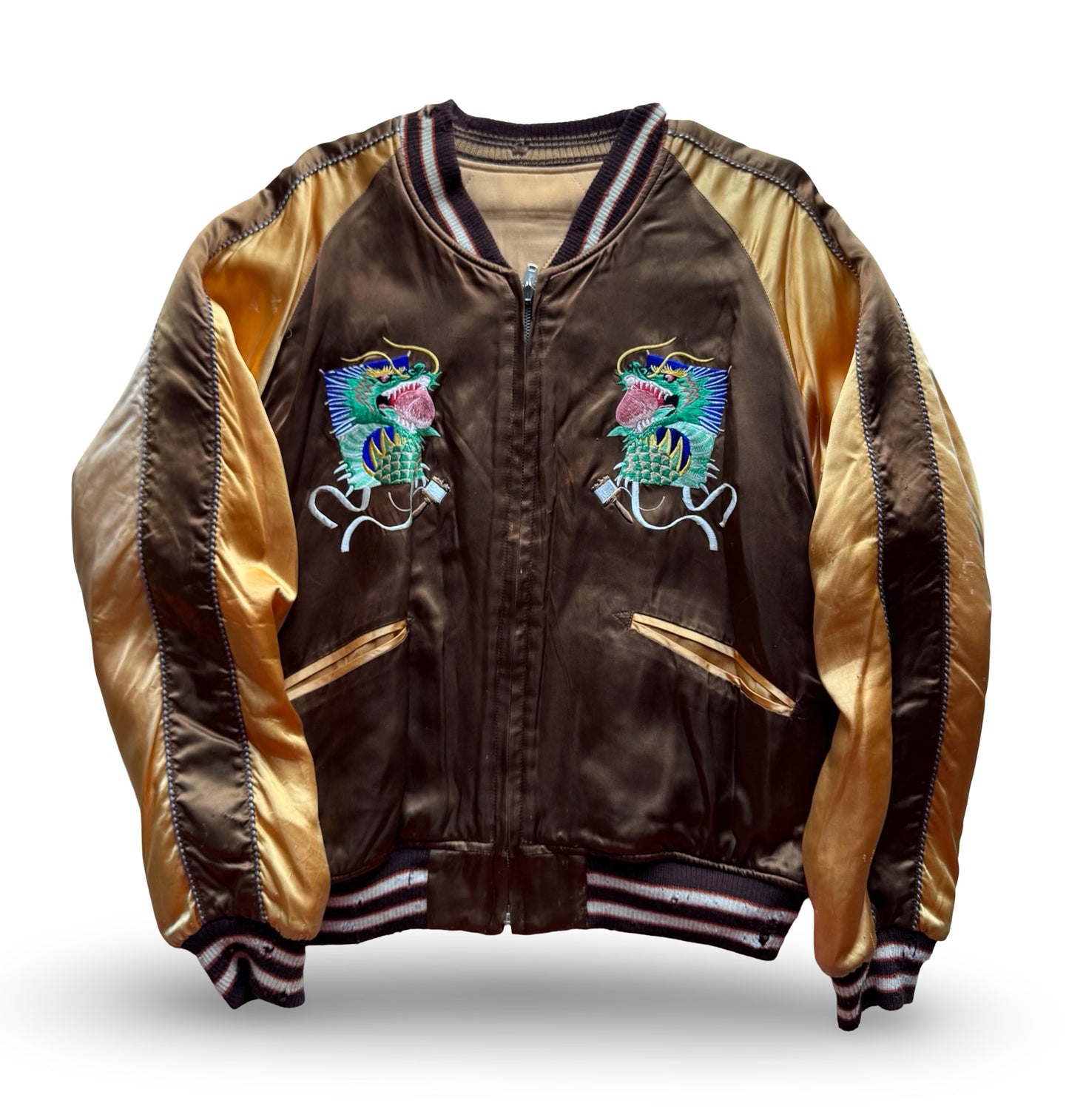 Vintage Pherrow’s Reversible Sukajan Dragon Warrior Skeleton Dance Japan Souvenir Jacket, Gold Brown Embroidered Bomber