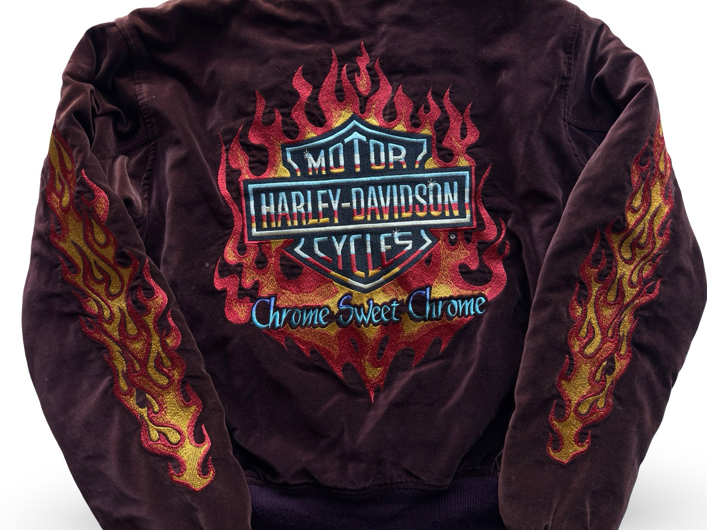 Vintage Harley-Davidson “Chrome Sweet Chrome” Flame-Velour Bomber Jacket (One Side Only)
