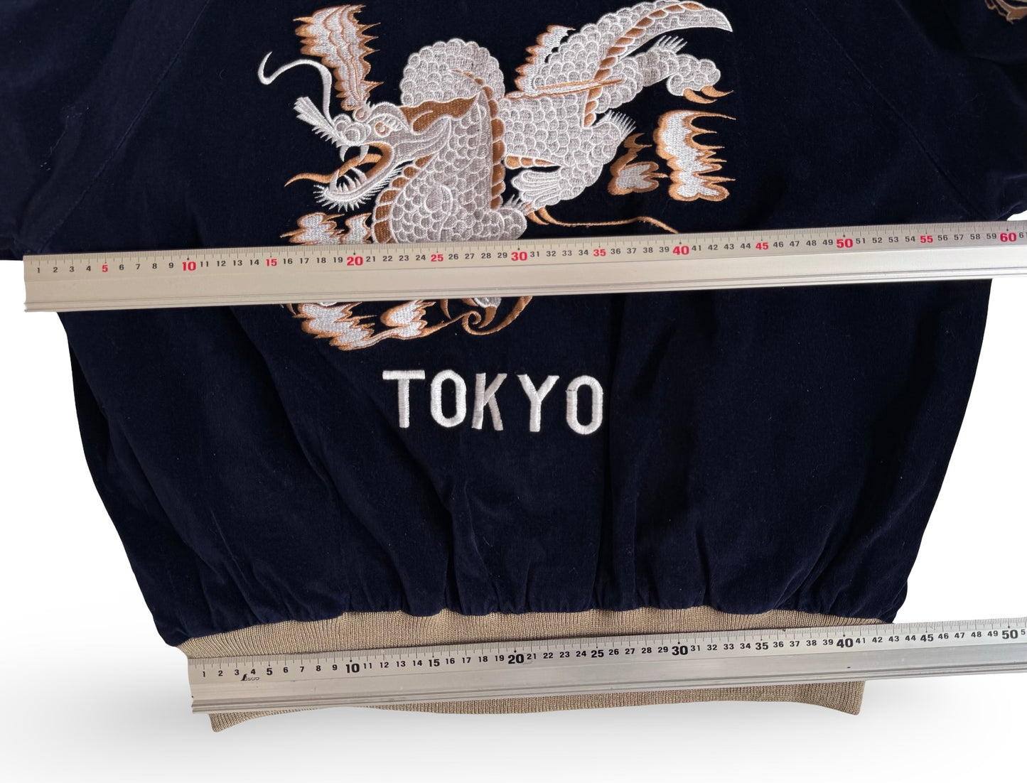 Vintage 1980s Vacation Paradise Dragon Sukajan Jacket Navy Velvet Tokyo Japan Souvenir Bomber