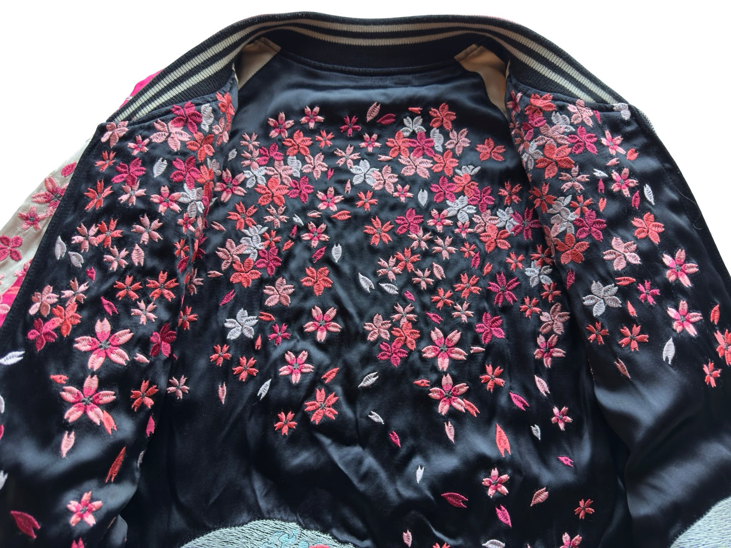Miyabi Musubi Reversible Sukajan – Rising Koi & Hokusai Great Wave, Sakura Storm Embroidery, Japonisme Japanese Souvenir Jacket