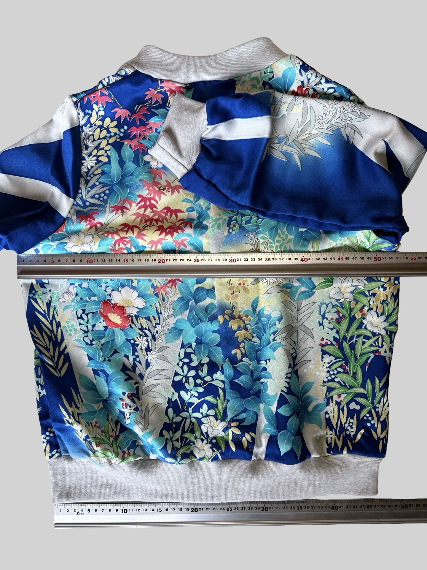 Vintage Kimono Remake Bomber Jacket Blue Floral Camellia Silk Upcycled Japanese Wearable Art Jacket Unisex Free Size S M