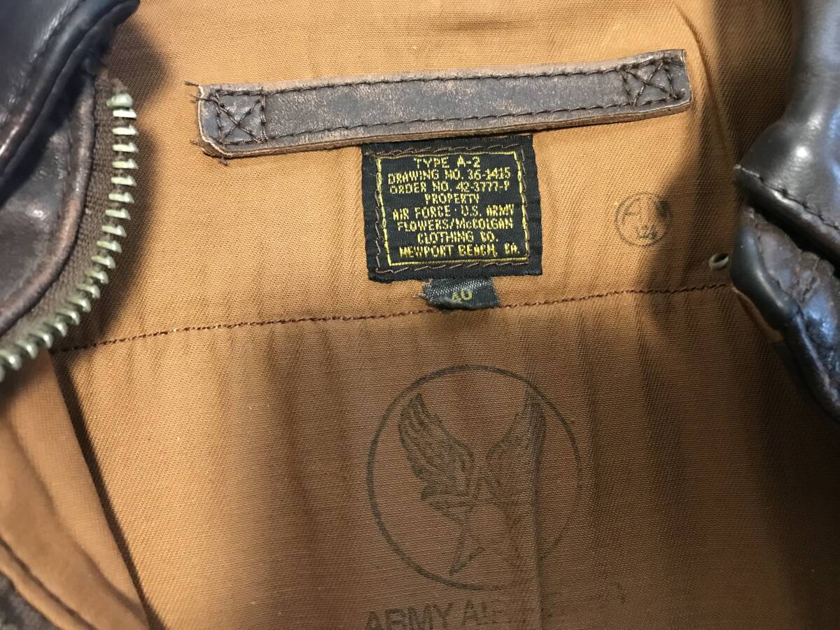 Flowers McColgan A-2 Flight Jacket Size 40 USA Made Leather Blood Chit Flying Tigers TALON Vintage Repro