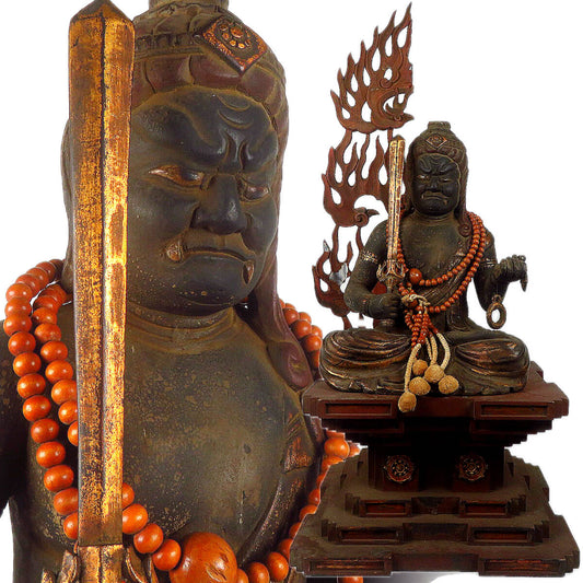 Fudō Myōō Polychrome Wooden Statue | Guardian Wisdom King Acala | Kyushu Temple Provenance | 64.5 cm