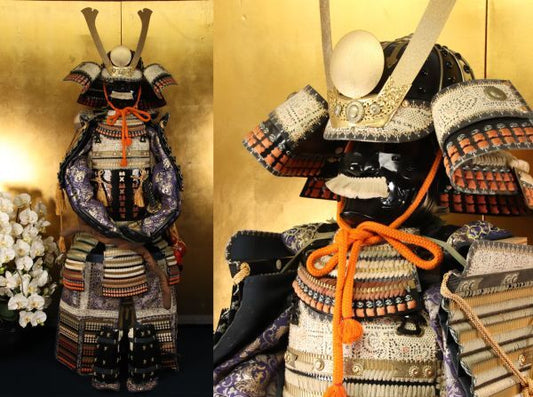 Full-Scale Samurai Armor Display (Kabuto & Gusoku Set) — Black-Lacquer Plates, Orange Silk Lacing, Helmet Stand Included (Modern Japanese Display Armor)