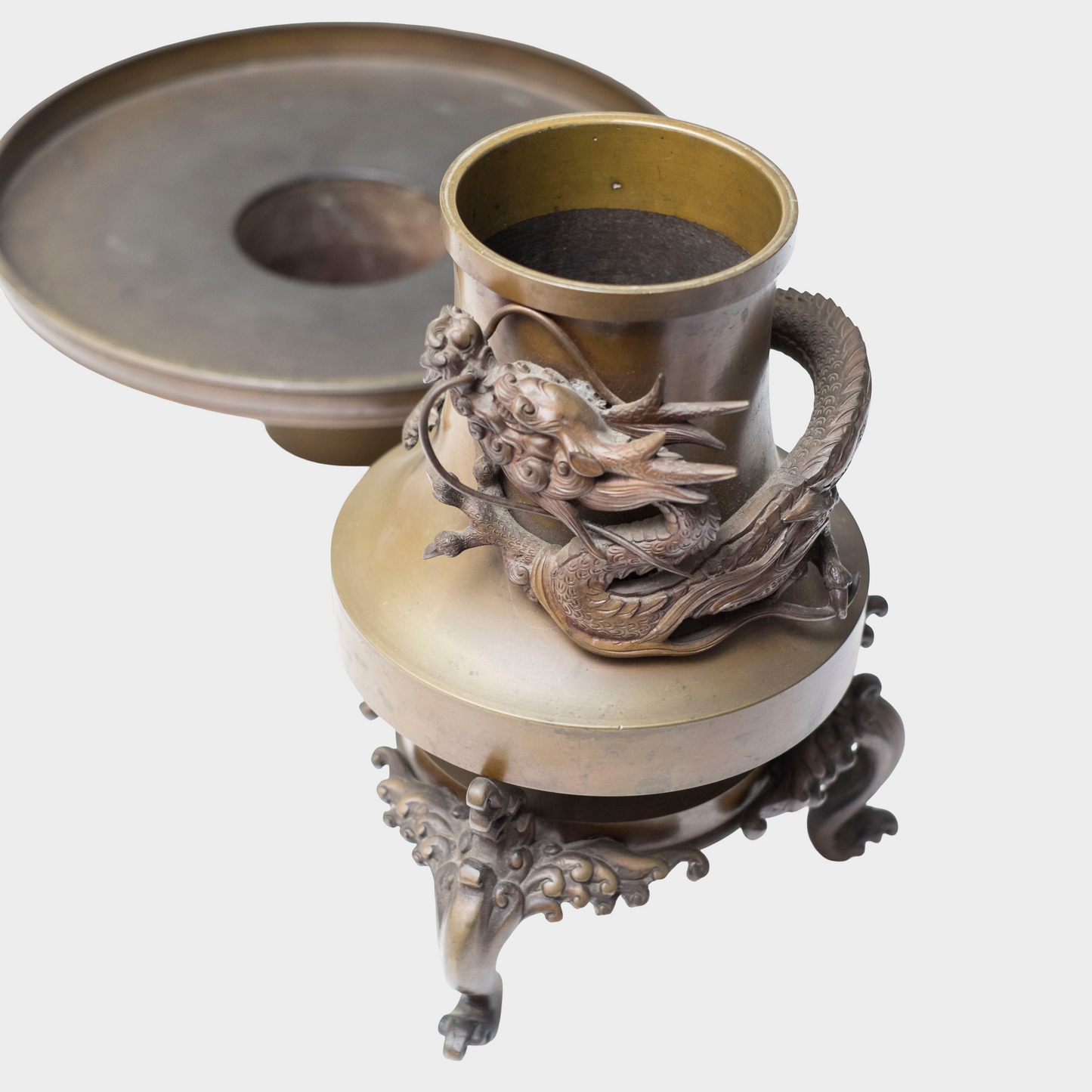 Japanese Bronze Usubata Ikebana Vessel with High-Relief Dragon | Edo–Meiji Period Sculptural Metalwork