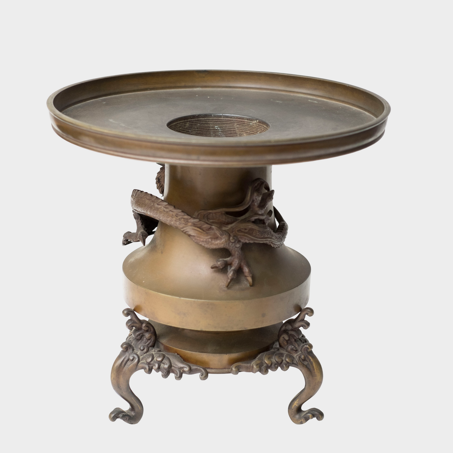 Japanese Bronze Usubata Ikebana Vessel with High-Relief Dragon | Edo–Meiji Period Sculptural Metalwork