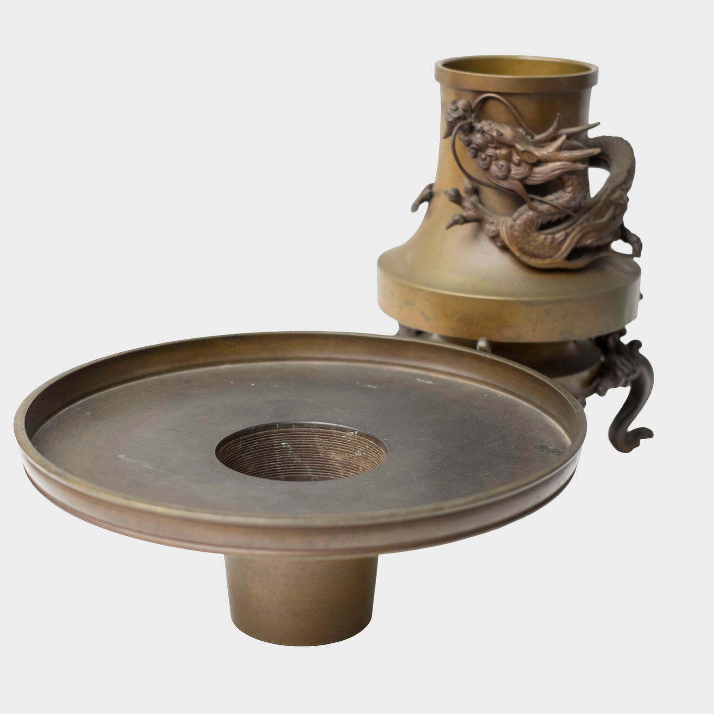 Japanese Bronze Usubata Ikebana Vessel with High-Relief Dragon | Edo–Meiji Period Sculptural Metalwork