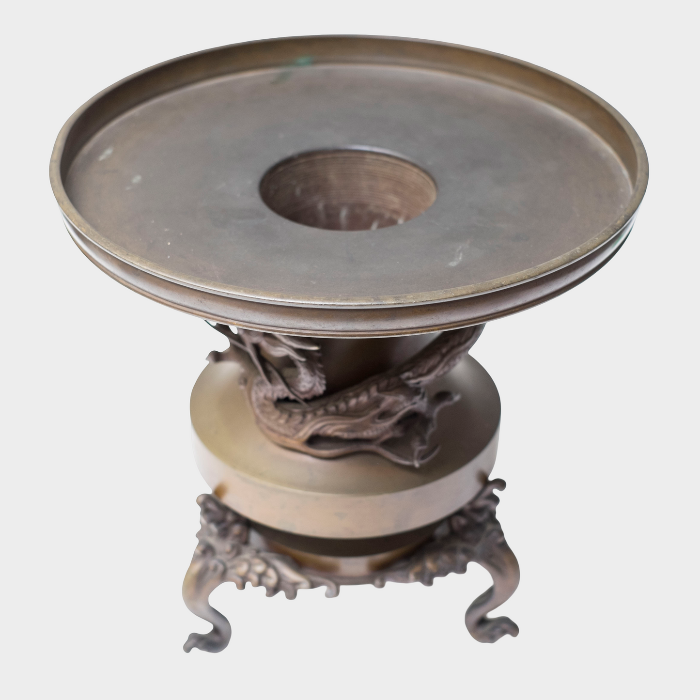 Japanese Bronze Usubata Ikebana Vessel with High-Relief Dragon | Edo–Meiji Period Sculptural Metalwork