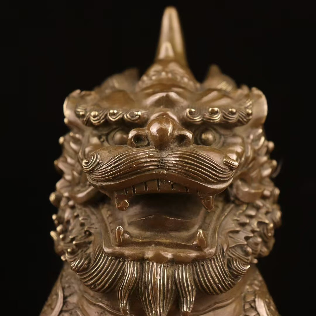 Gallery-Scale Gilt-Toned Bronze Shishi Guardian Pair Okimono — Relief-Carved Lions (~22 cm) — Threshold Protector Set