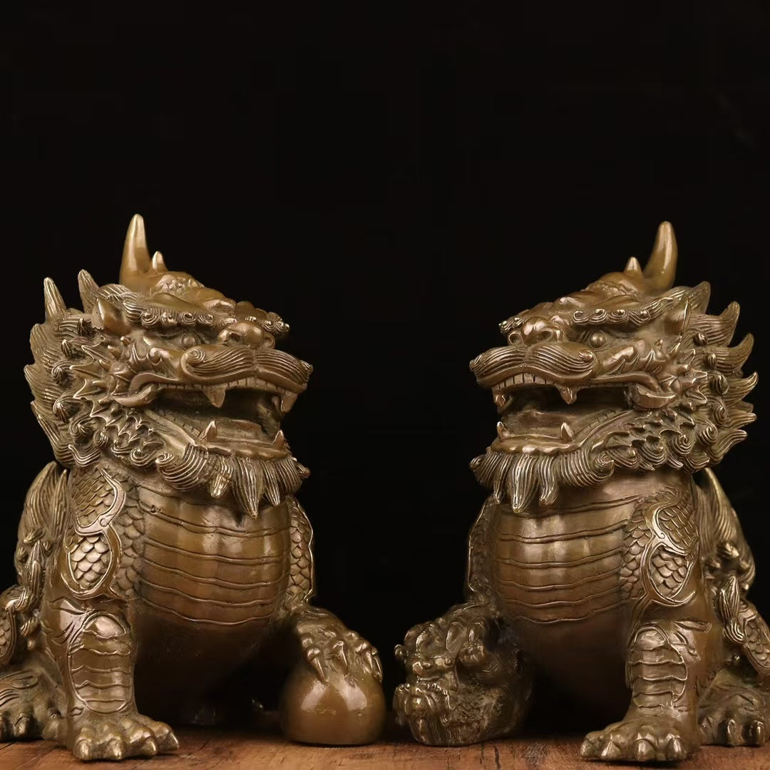 Gallery-Scale Gilt-Toned Bronze Shishi Guardian Pair Okimono — Relief-Carved Lions (~22 cm) — Threshold Protector Set