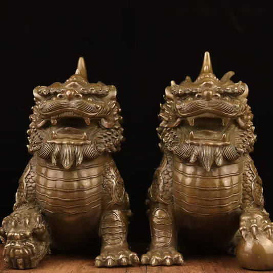 Gallery-Scale Gilt-Toned Bronze Shishi Guardian Pair Okimono — Relief-Carved Lions (~22 cm) — Threshold Protector Set