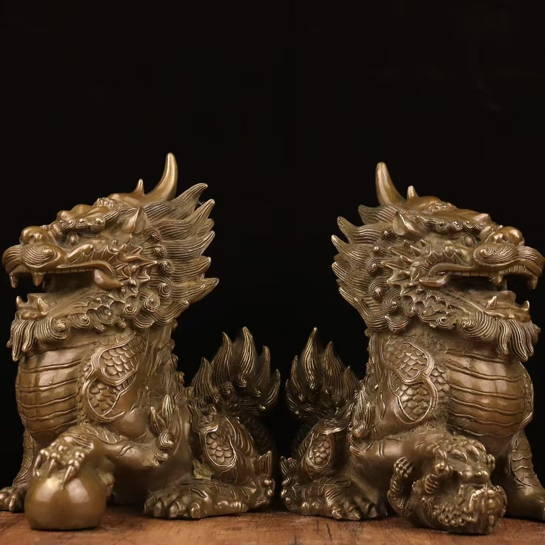 Gallery-Scale Gilt-Toned Bronze Shishi Guardian Pair Okimono — Relief-Carved Lions (~22 cm) — Threshold Protector Set