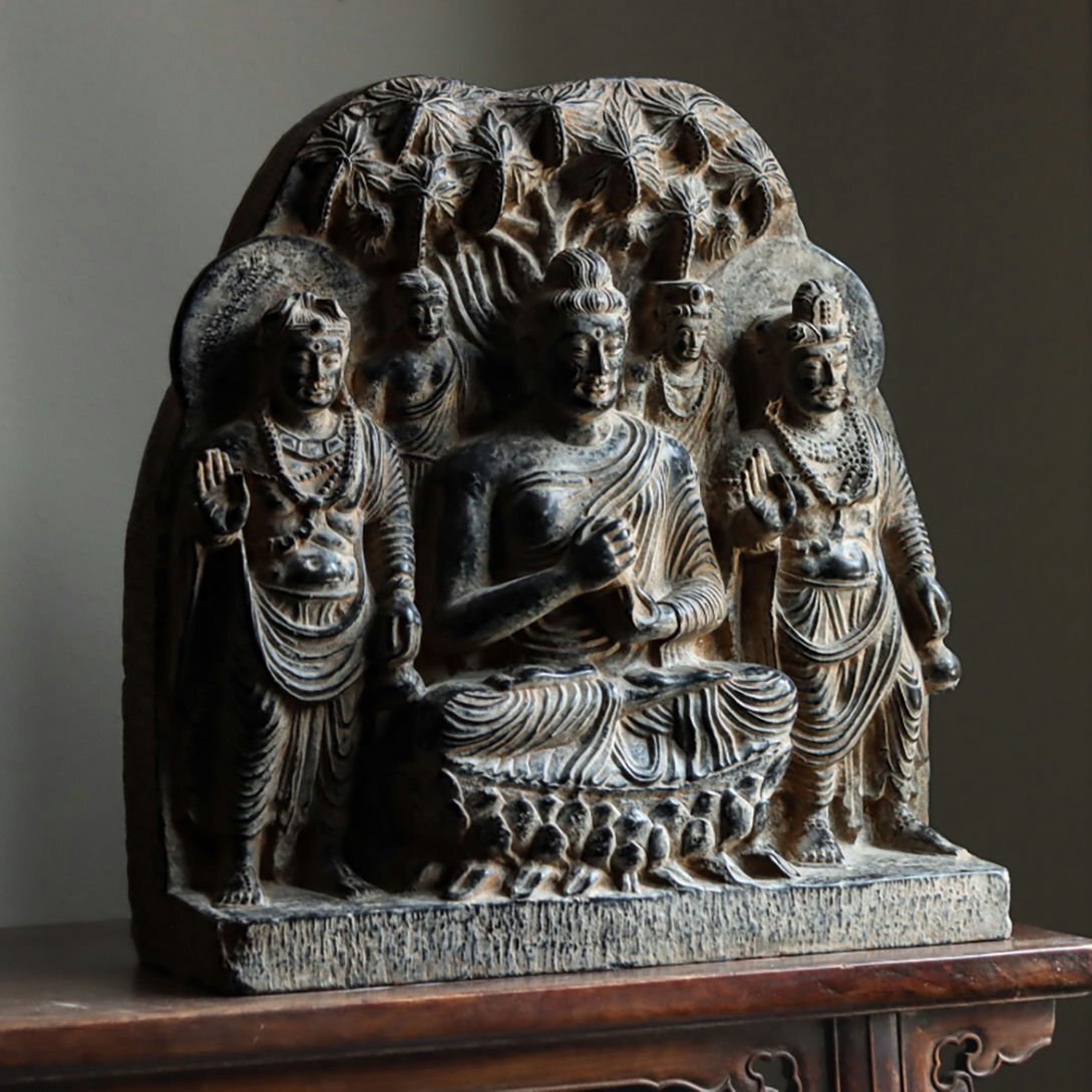 Gandhara Grey Schist Buddha Relief with Attendants, Kushan-Era Style Buddhist Stone Panel (Antique, 100+ Years)