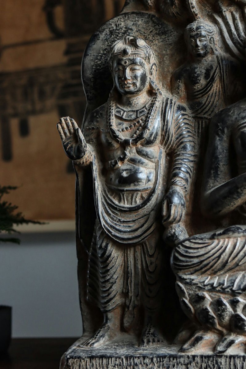 Gandhara Grey Schist Buddha Relief with Attendants, Kushan-Era Style Buddhist Stone Panel (Antique, 100+ Years)