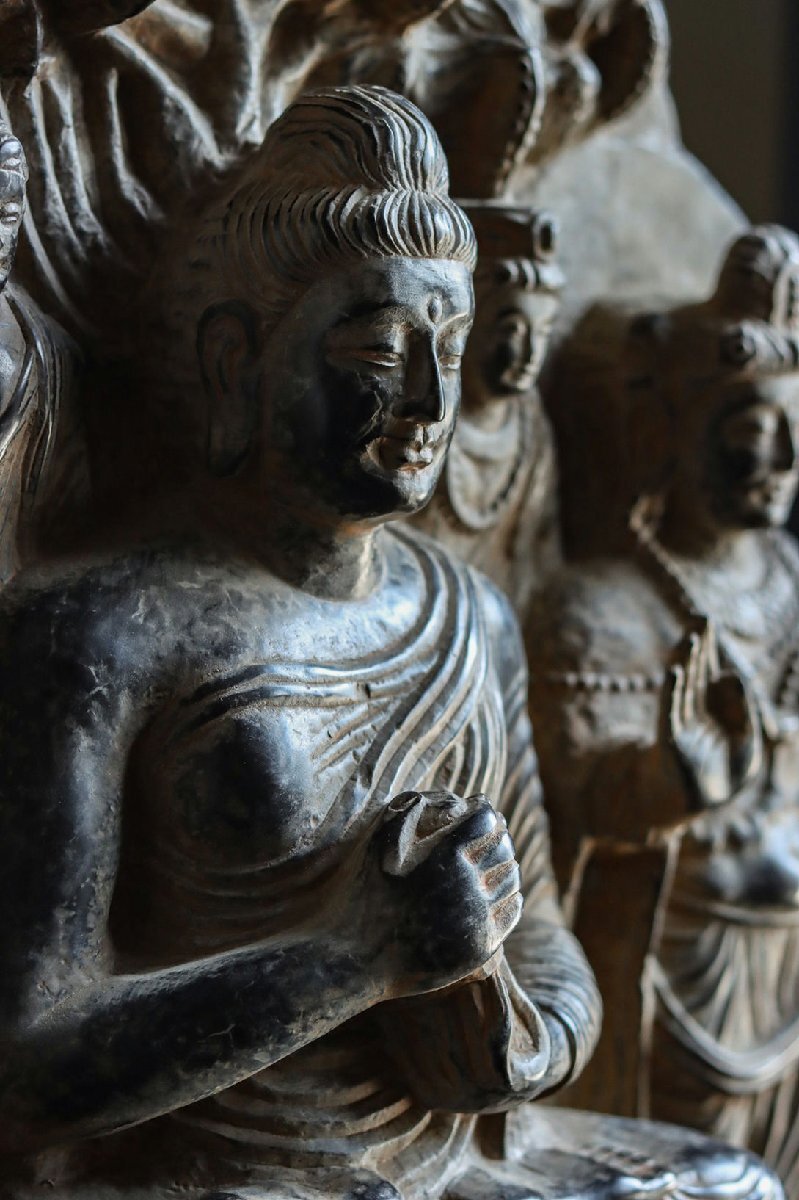 Gandhara Grey Schist Buddha Relief with Attendants, Kushan-Era Style Buddhist Stone Panel (Antique, 100+ Years)