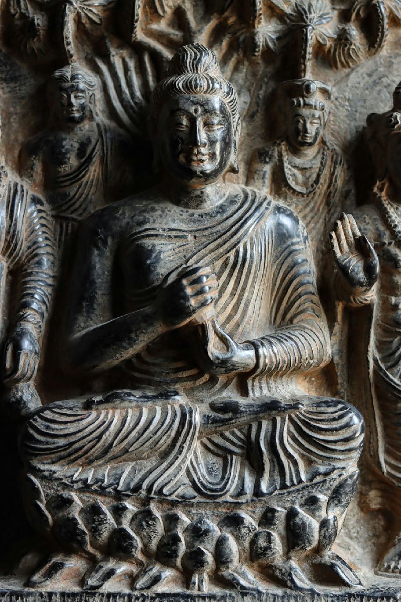 Gandhara Grey Schist Buddha Relief with Attendants, Kushan-Era Style Buddhist Stone Panel (Antique, 100+ Years)