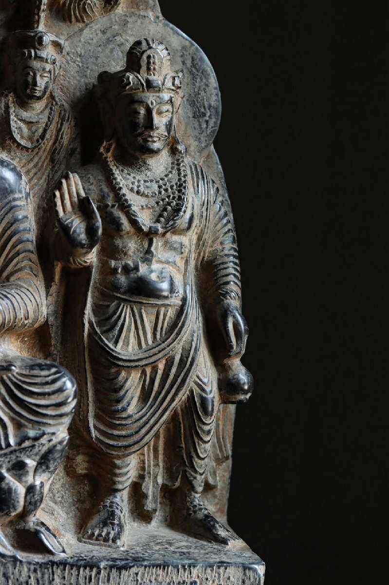Gandhara Grey Schist Buddha Relief with Attendants, Kushan-Era Style Buddhist Stone Panel (Antique, 100+ Years)