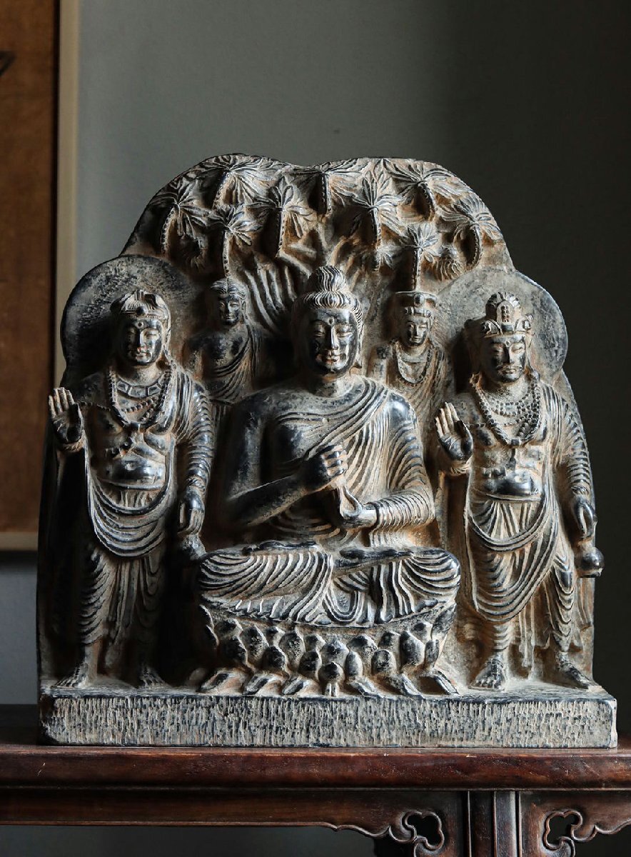 Gandhara Grey Schist Buddha Relief with Attendants, Kushan-Era Style Buddhist Stone Panel (Antique, 100+ Years)