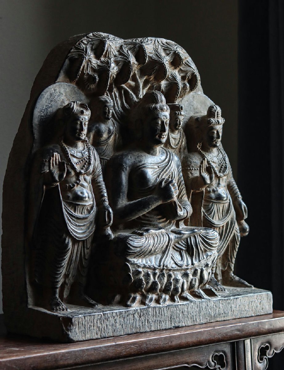 Gandhara Grey Schist Buddha Relief with Attendants, Kushan-Era Style Buddhist Stone Panel (Antique, 100+ Years)
