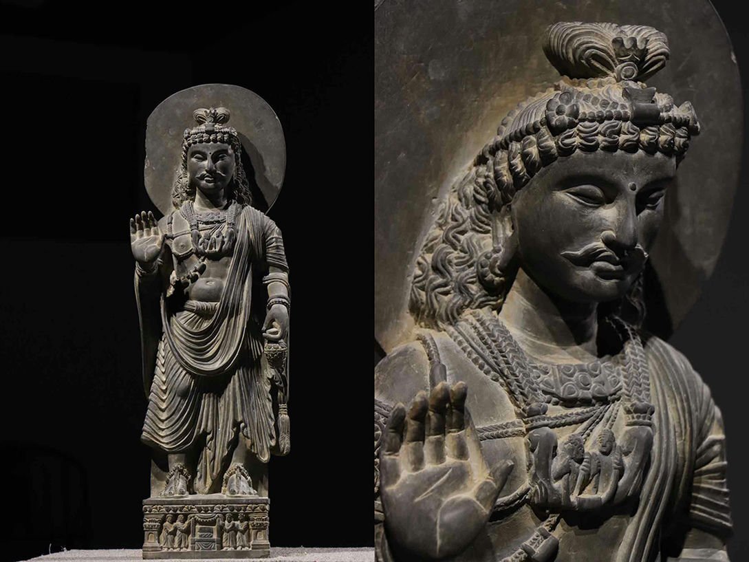 Gandhara Grey Schist Standing Bodhisattva with Halo Slab, Abhaya Gesture and Relief Base Frieze, Kushan-Era Style 82cm Monumental Stone Sculpture (Antique, 100+ Years)