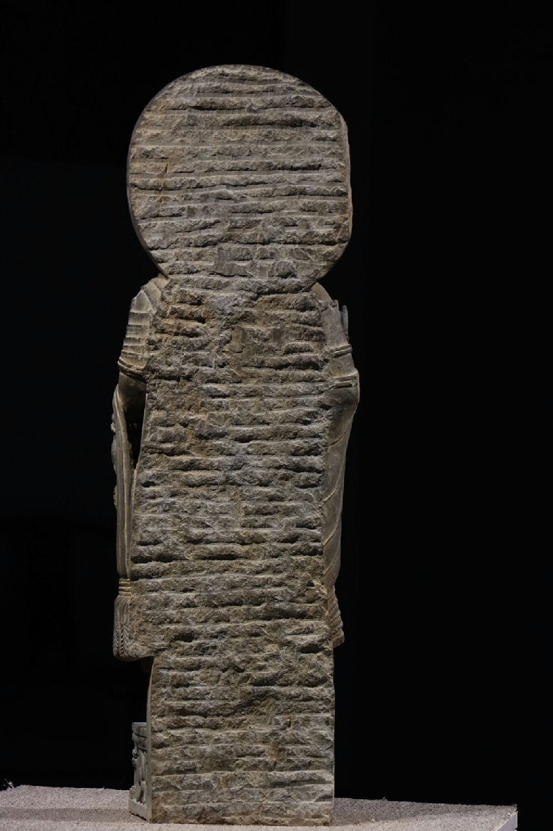 Gandhara Grey Schist Standing Bodhisattva with Halo Slab, Abhaya Gesture and Relief Base Frieze, Kushan-Era Style 82cm Monumental Stone Sculpture (Antique, 100+ Years)