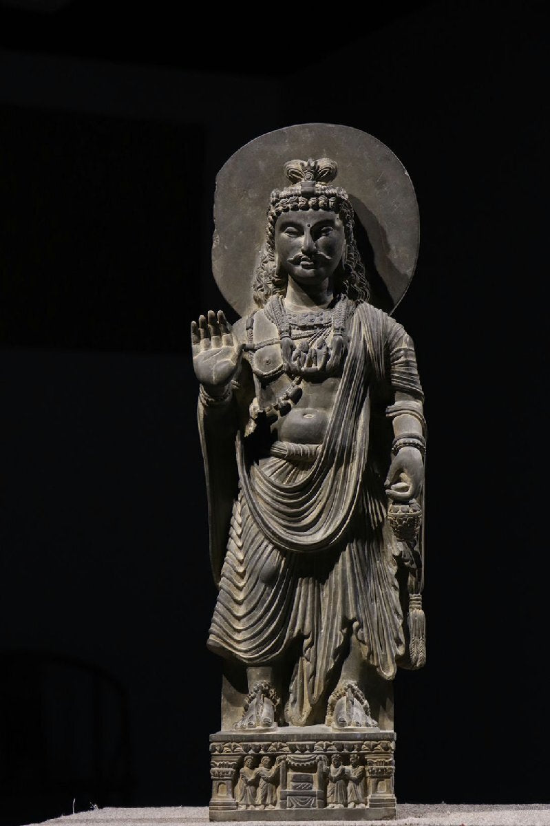 Gandhara Grey Schist Standing Bodhisattva with Halo Slab, Abhaya Gesture and Relief Base Frieze, Kushan-Era Style 82cm Monumental Stone Sculpture (Antique, 100+ Years)