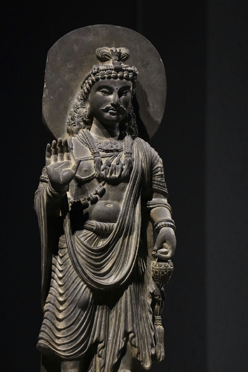Gandhara Grey Schist Standing Bodhisattva with Halo Slab, Abhaya Gesture and Relief Base Frieze, Kushan-Era Style 82cm Monumental Stone Sculpture (Antique, 100+ Years)