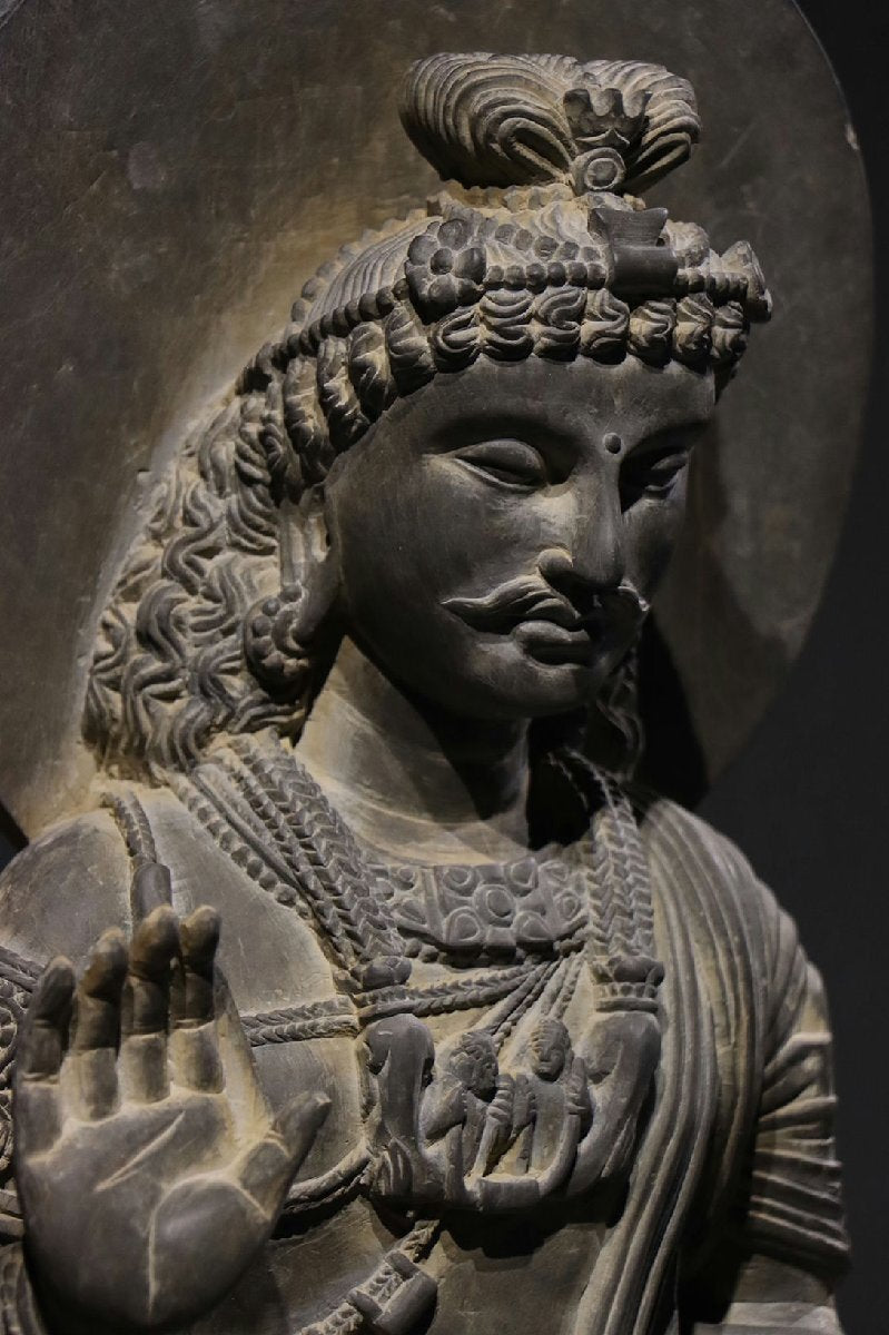 Gandhara Grey Schist Standing Bodhisattva with Halo Slab, Abhaya Gesture and Relief Base Frieze, Kushan-Era Style 82cm Monumental Stone Sculpture (Antique, 100+ Years)