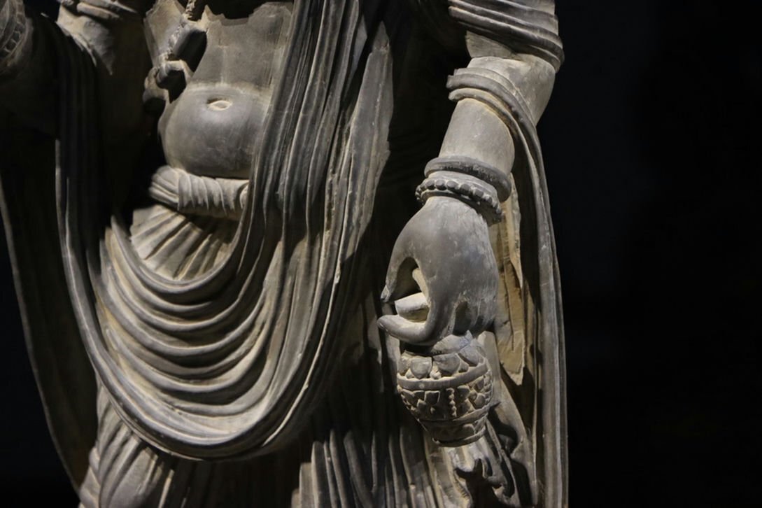 Gandhara Grey Schist Standing Bodhisattva with Halo Slab, Abhaya Gesture and Relief Base Frieze, Kushan-Era Style 82cm Monumental Stone Sculpture (Antique, 100+ Years)