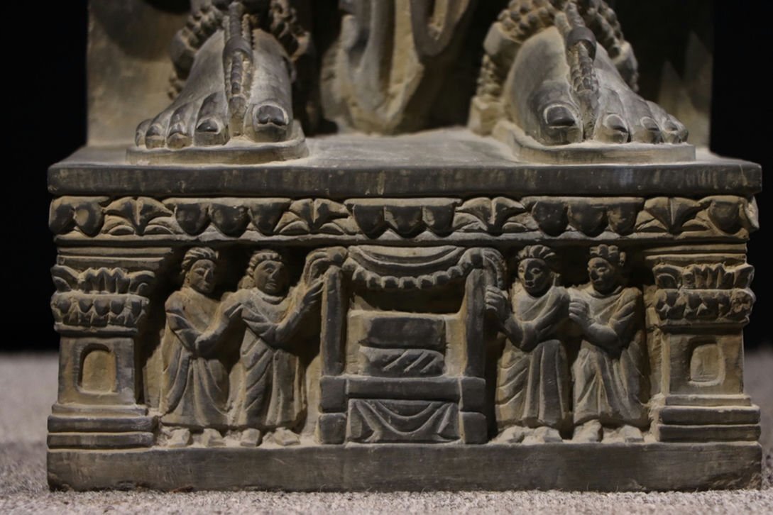 Gandhara Grey Schist Standing Bodhisattva with Halo Slab, Abhaya Gesture and Relief Base Frieze, Kushan-Era Style 82cm Monumental Stone Sculpture (Antique, 100+ Years)