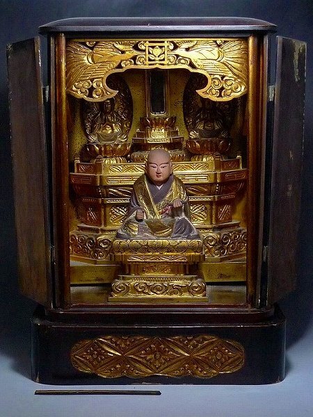 Showa Era (1969 / Showa 44) Gilt Polychrome Wooden Nichiren Shonin Zushi Shrine — Funatsu Workshop Attribution