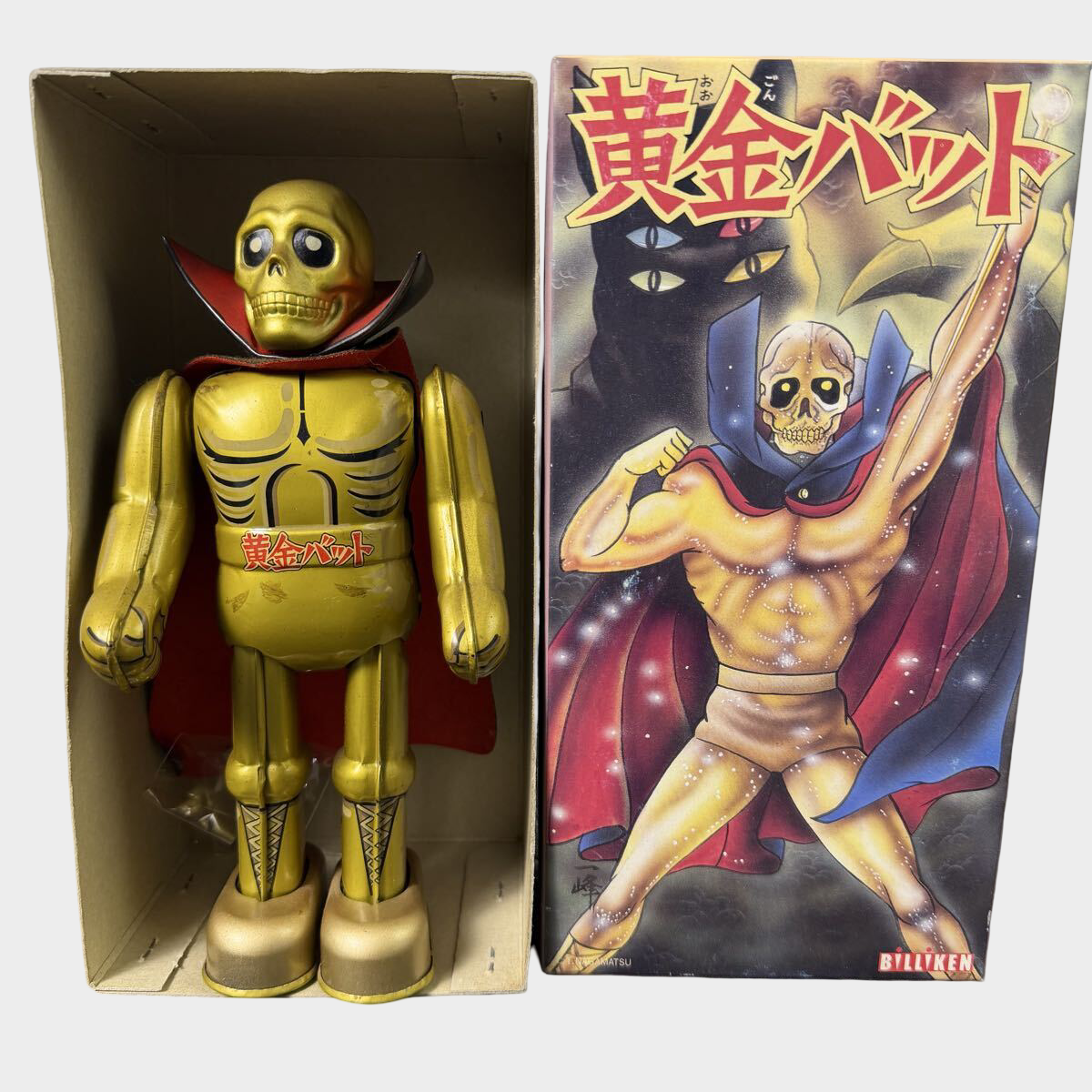 Golden Bat Mechanical Tin Figure — Boxed Japanese Clockwork Superhero, Billiken Shokai Ōgon Bat