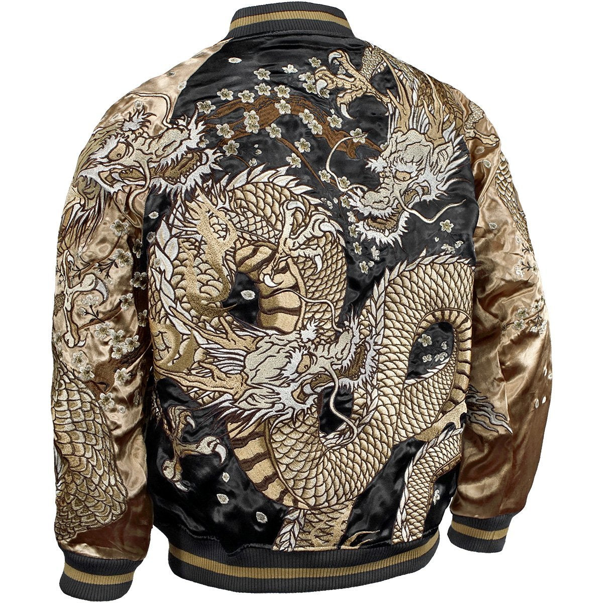 Japanese Yakuza Golden Dragon Sukajan Jacket Reversible Satin Souvenir Jacket Black Gold Embroidered Dragon XL XXL
