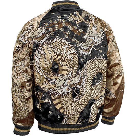 Japanese Yakuza Golden Dragon Sukajan Jacket Reversible Satin Souvenir Jacket Black Gold Embroidered Dragon XL XXL
