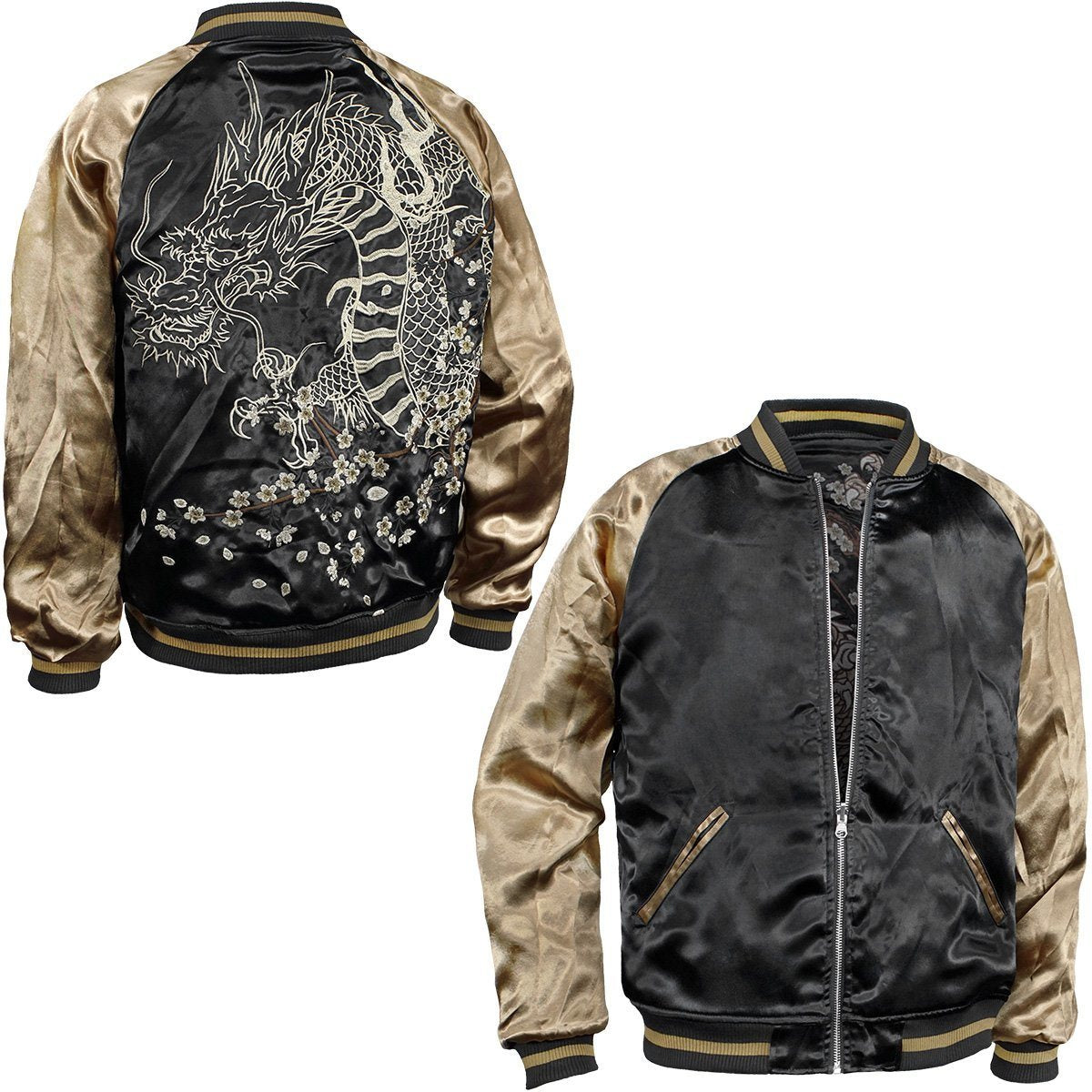 Japanese Yakuza Golden Dragon Sukajan Jacket Reversible Satin Souvenir Jacket Black Gold Embroidered Dragon XL XXL