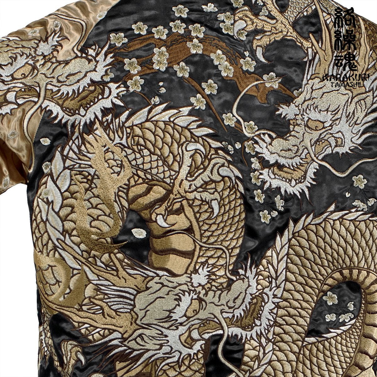 Japanese Yakuza Golden Dragon Sukajan Jacket Reversible Satin Souvenir Jacket Black Gold Embroidered Dragon XL XXL